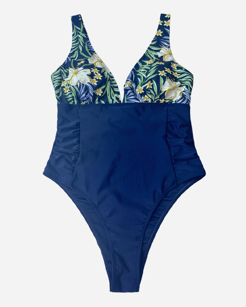 Colorblock Shirred One Piece Swimsuit
