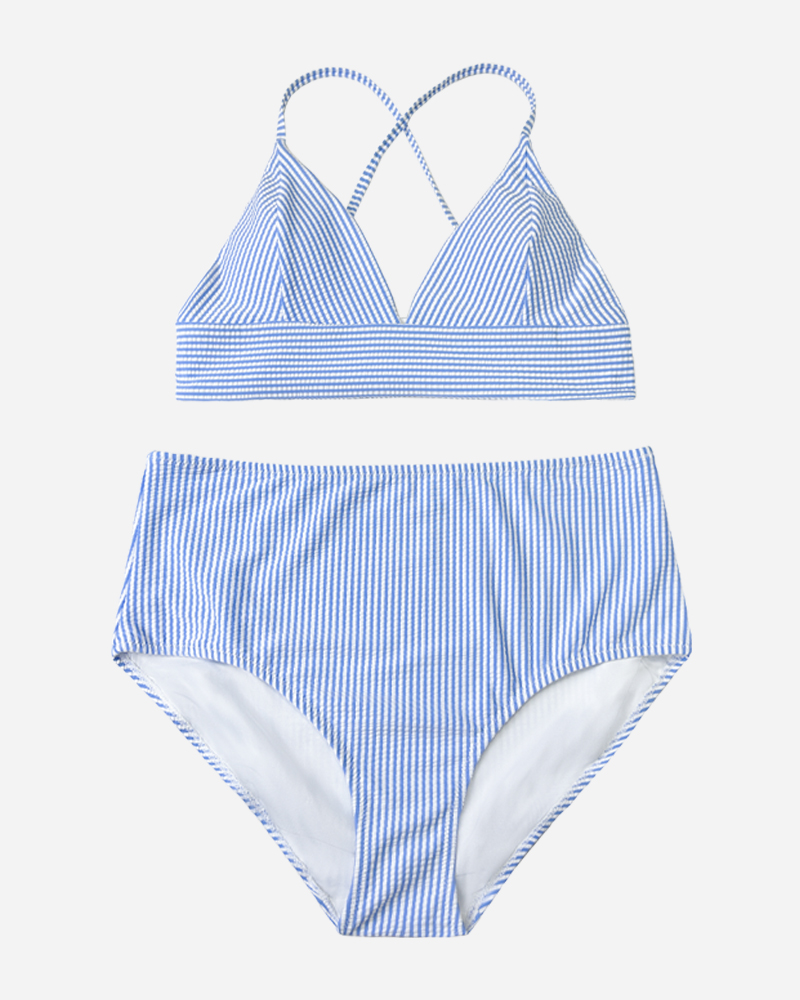 Seersucker Cross Back Bikini Top & High Rise Bikini Bottoms Set