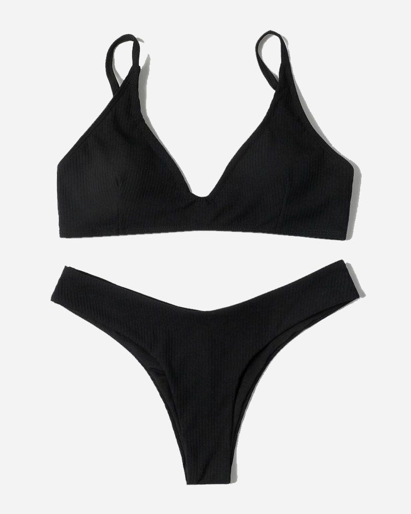 Solid Textured V-Neck Bikini Top&Solid Low Waist Bikini Bottom Set