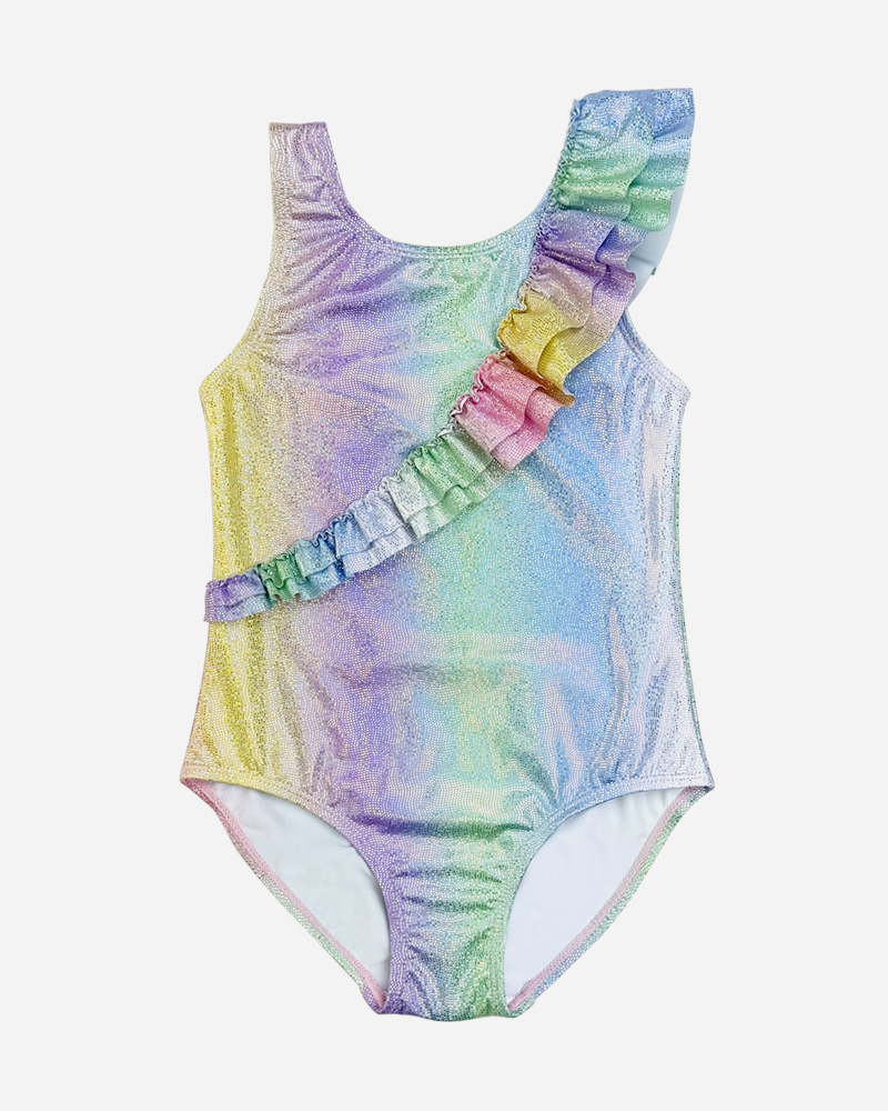 Metallic Rainbow Print Frill One Piece Swimsuit