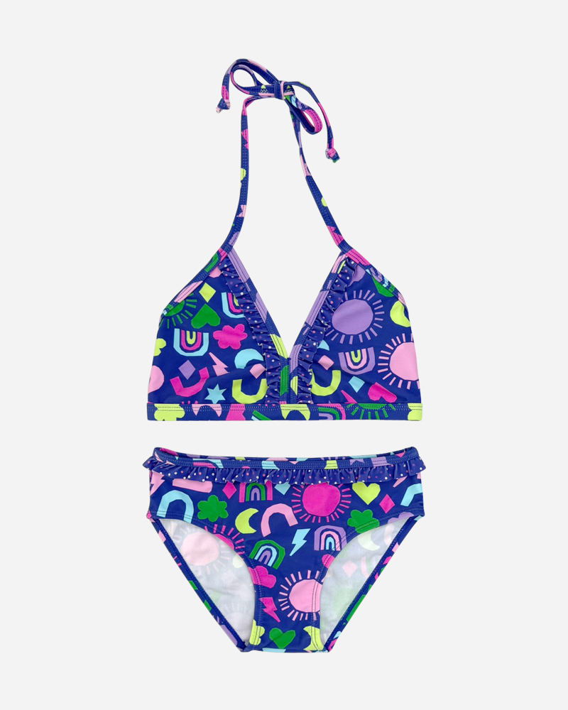 All Over Print Halter Bikini Top & Frill Bikini Bottoms Set