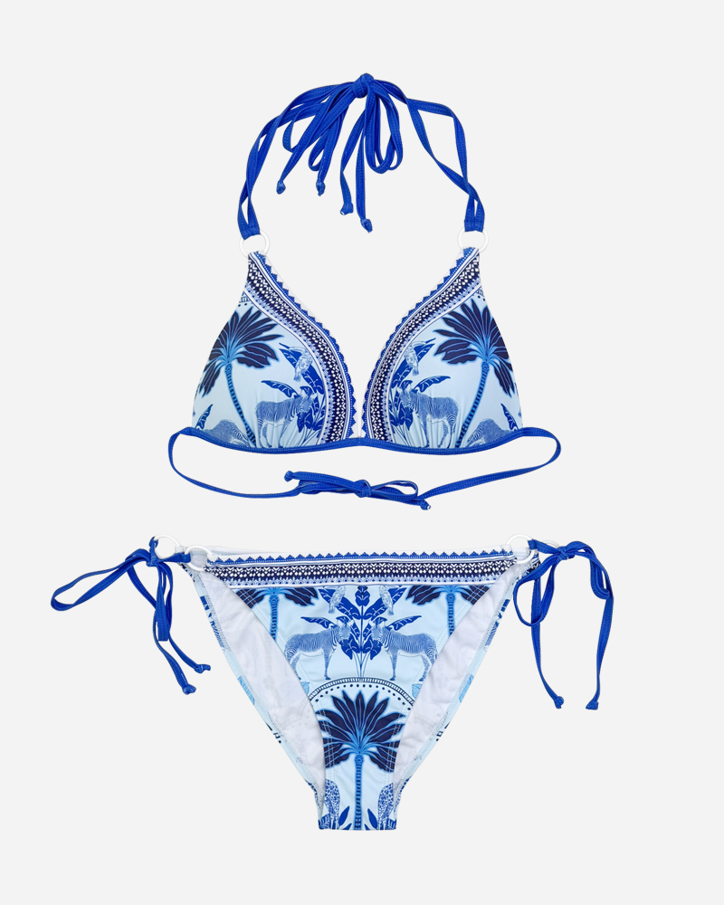 Tropical Print O-Ring Bikini Top & Tie Side Bikini Bottoms Set
