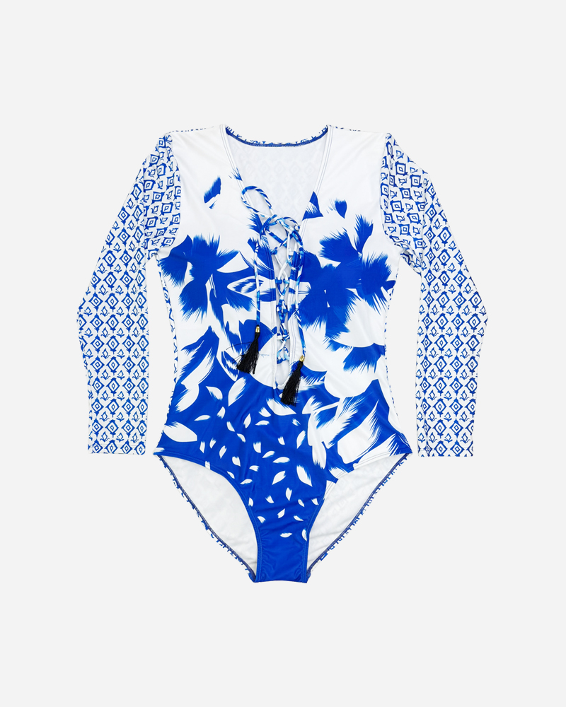 Deep V Neck Long Sleeve One Piece Swimsuit