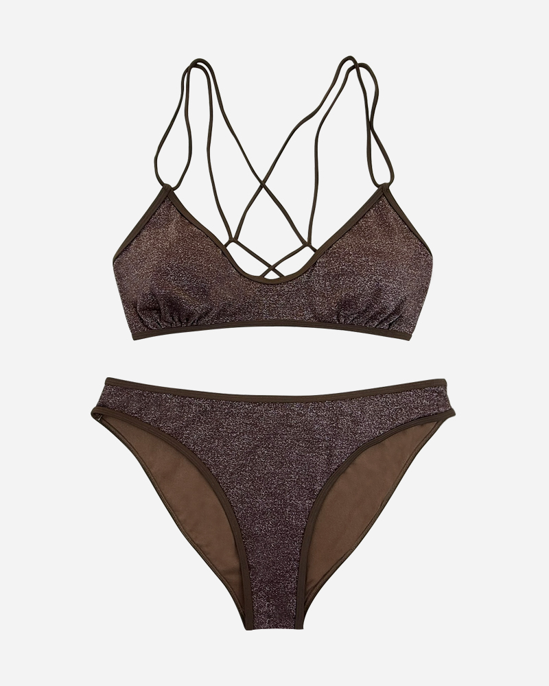 Lurex Dual Strap Bikini Top & Mid Rise Bikini Bottoms Set
