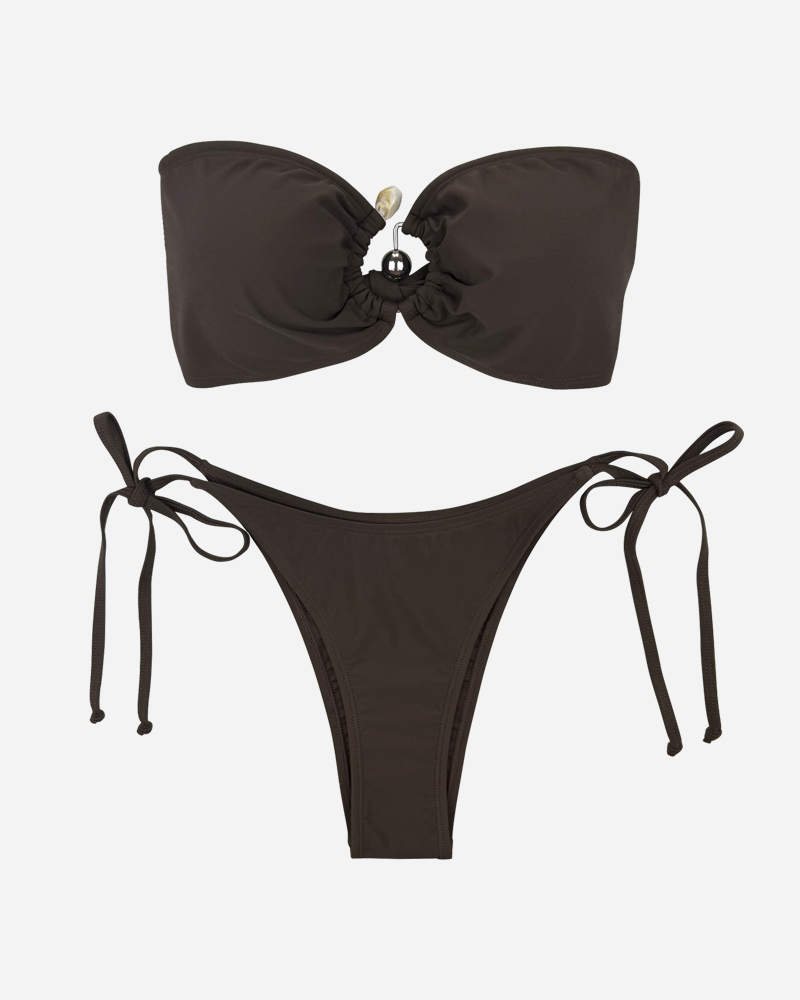 Trim Front Bandeau Bikini Top & Tie Side Bikini Bottoms Set