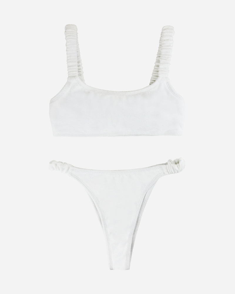 Towelling Textured Ruched Strap Bikini Top & High Cut Bikini Bottoms Set