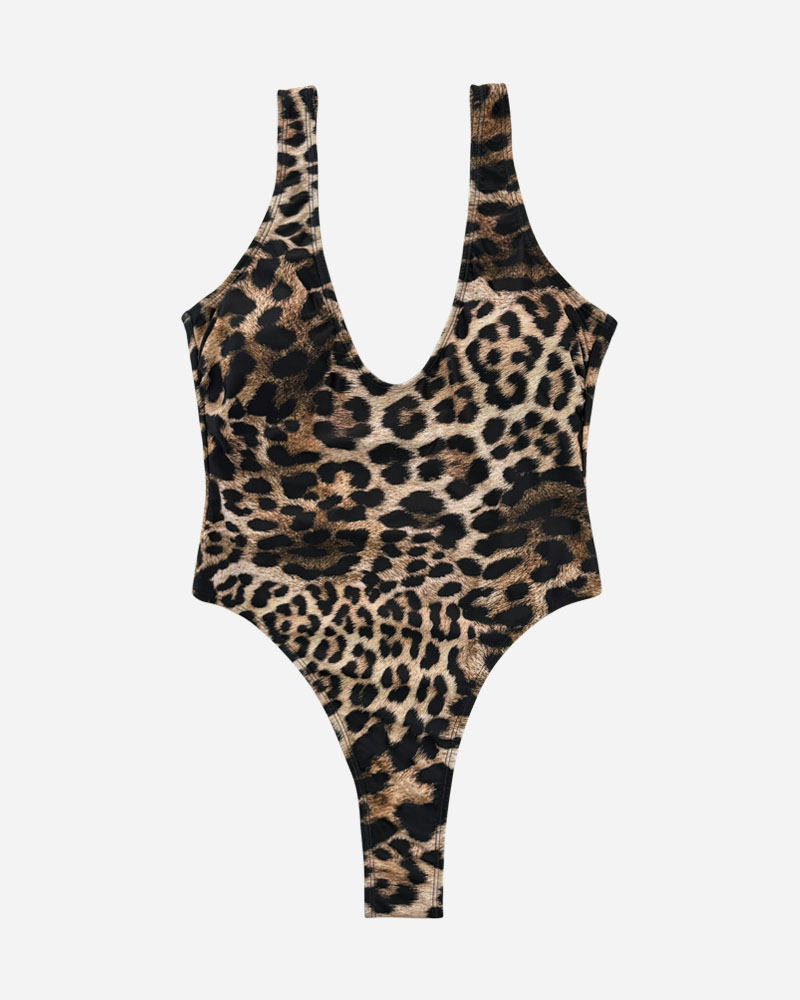 Leopard Print Deep V Neck One Piece Swimsuit 