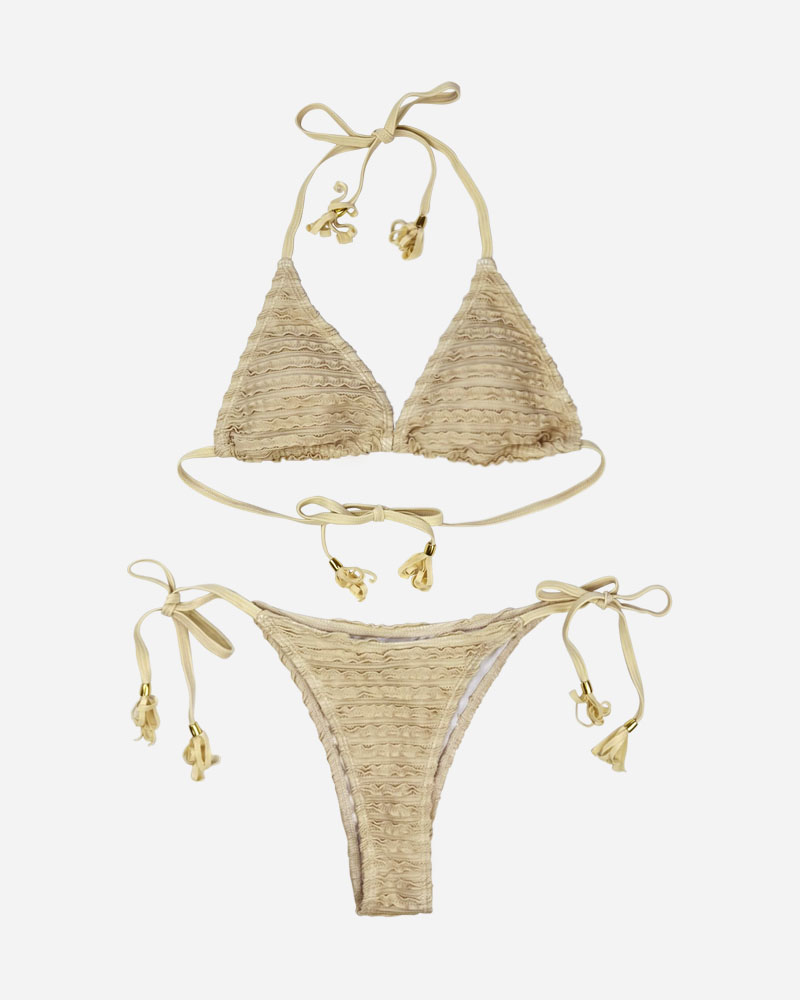 Textured Triangle Bikini Top & Tassel Tie Side  Bikini Bottoms Set