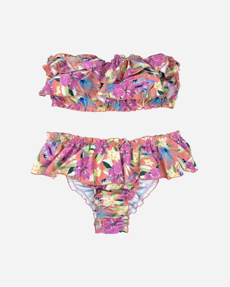Floral Ruffle Bandeau Bikini Top & Ruched Bum Bikini Bottoms Set