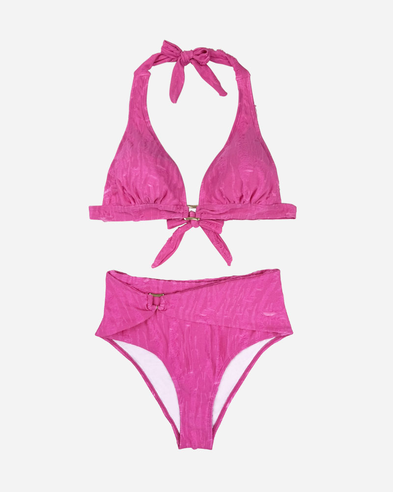 Jacquard Halter Bikini Top & Trim Front Bikini Bottoms Set
