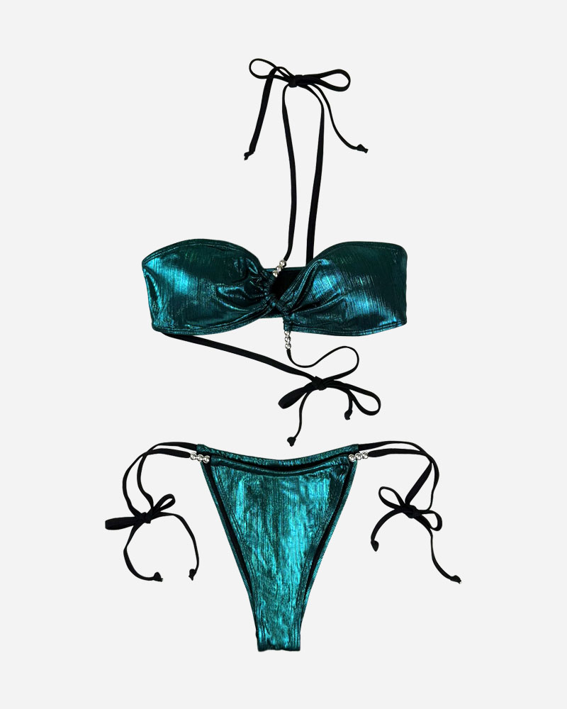 Beaded One Shoulder Bandeau Bikini Top & Tie Side Bikini Bottoms Set
