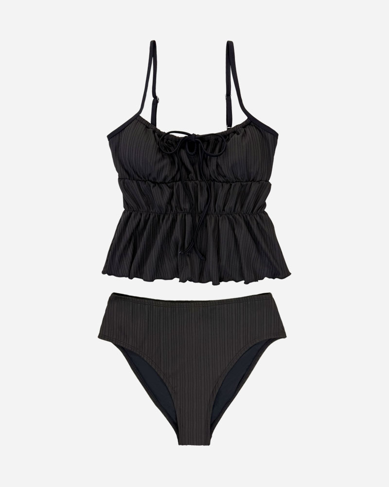Ruffle Tie Front Tankini Top & Mid Rise Bikini Bottoms Set