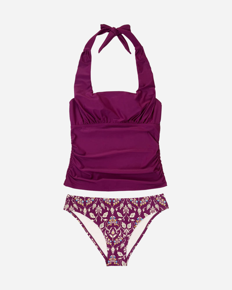Halter Neck Tummy Control Tankini Top & Floral Print Bikini Bottoms Set
