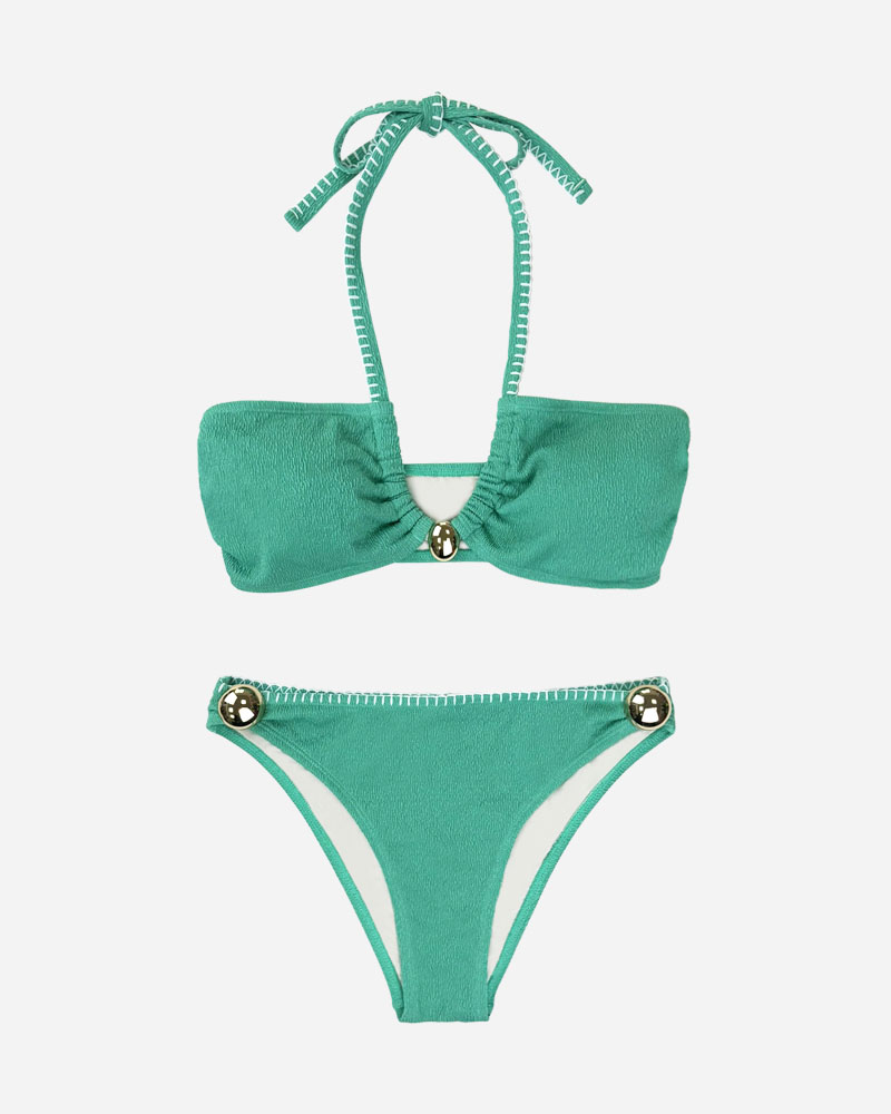 Trim Front V-Neck Bikini Top & Mid Rise Bikini Bottoms Set