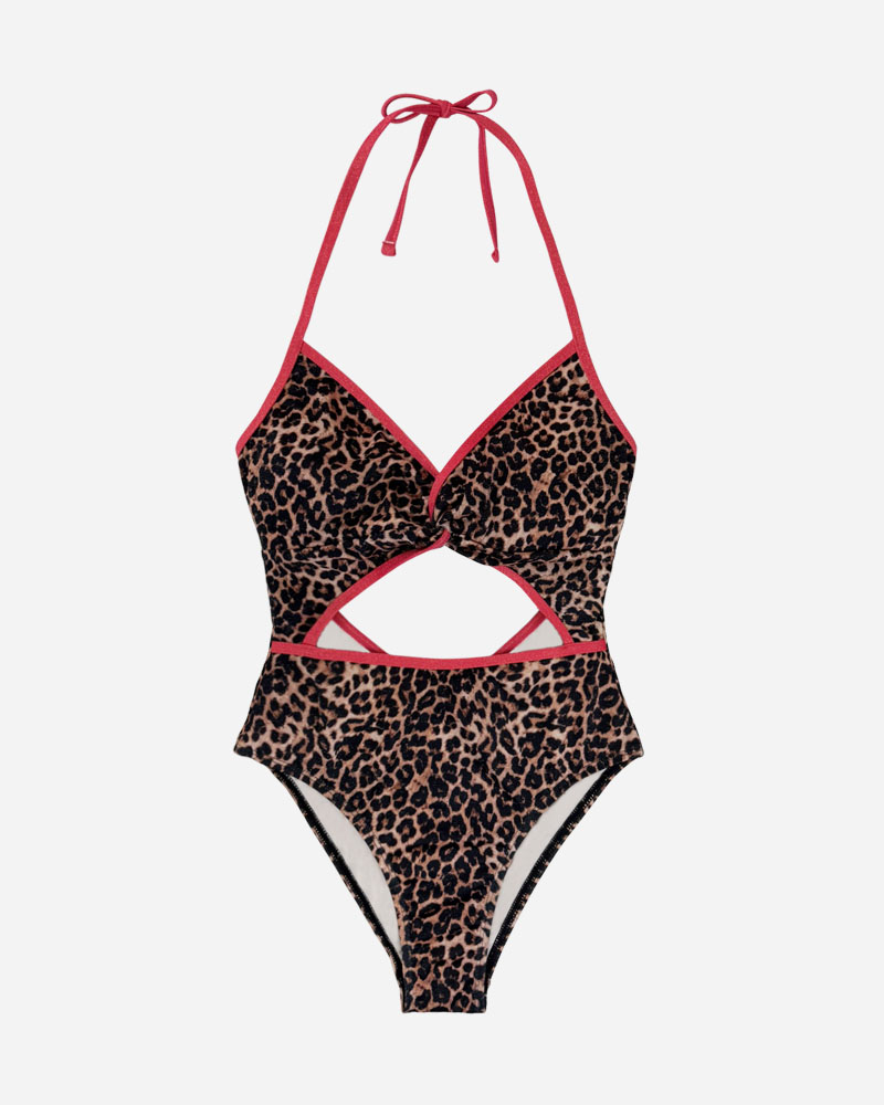 Contrast Binding Twist Front Cut Out One Piece Swimsuit