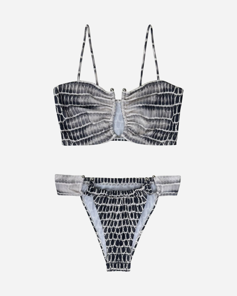 Crocodile Print U-Ring Bandeau Bikini Top & Trim Front Bikini Bottoms Set