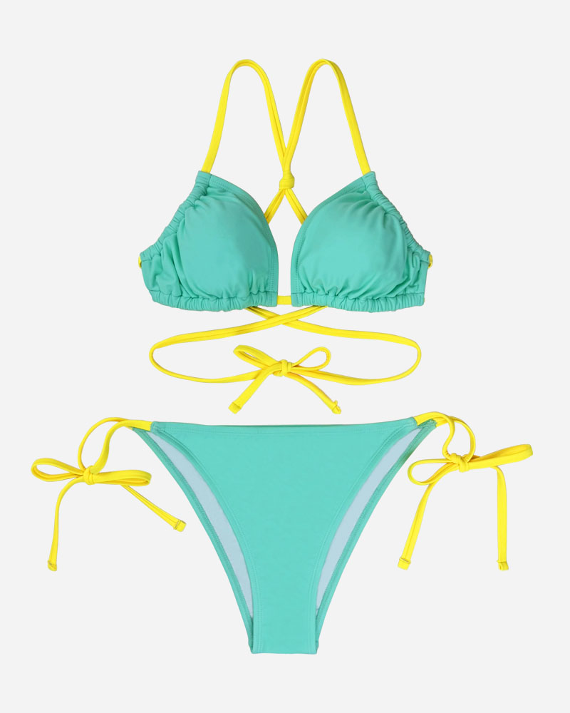 Two Tone Cross Back Bikini Top & Tie Side Bikini Bottoms Set
