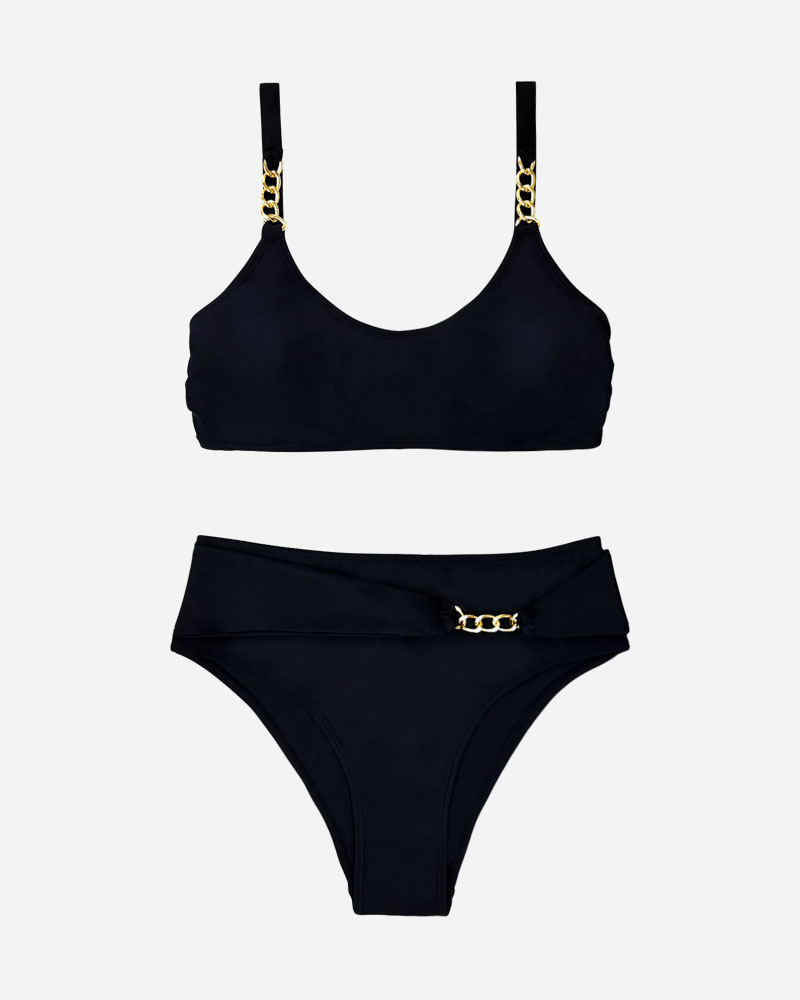Trim Front Solid Bikini Top & Mid Rise Bikini Bottoms Set