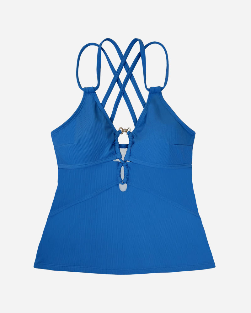 Ribbed Dual Strap Trim Front Tankini Top