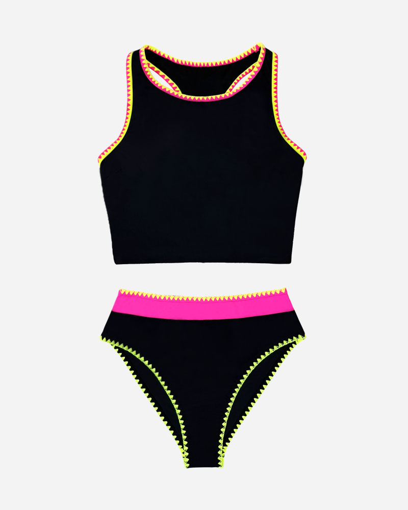 Contrast Binding Shell Stitched Tankini Top & Mid Rise Bikini Bottoms Set