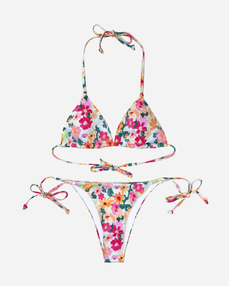 Ribbed Floral Triangle Bikini Top & Tie Side Bikini Bottoms Set