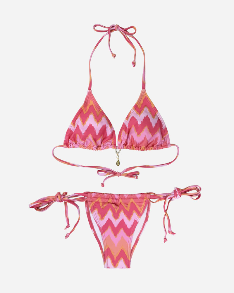 Abstract Print Trim Front Triangle Bikini Top & Tie Side Bikini Bottoms Set