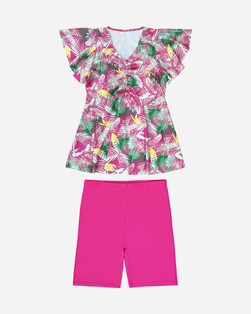Tropical Ruched Swim Top  & Mid Length Swim Bottoms Set