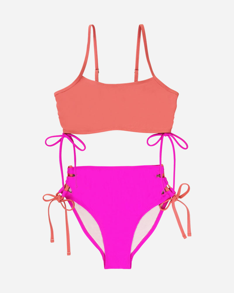 Two Tone Ruched Side Bikini Top & Tie Side Bikini Bottoms Set