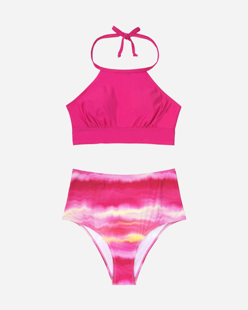 Solid Halter Bikini Top & Tie Dye Bikini Bottoms Set