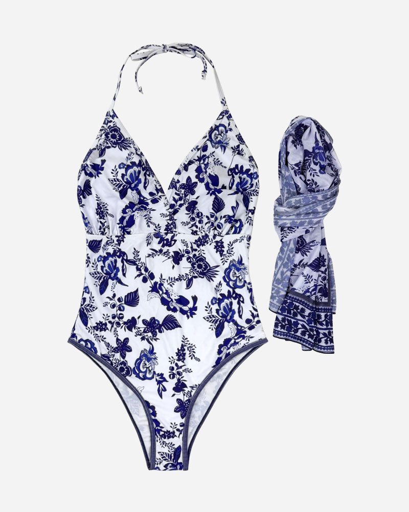 Floral Print Halter Neck One Piece Swimsuit