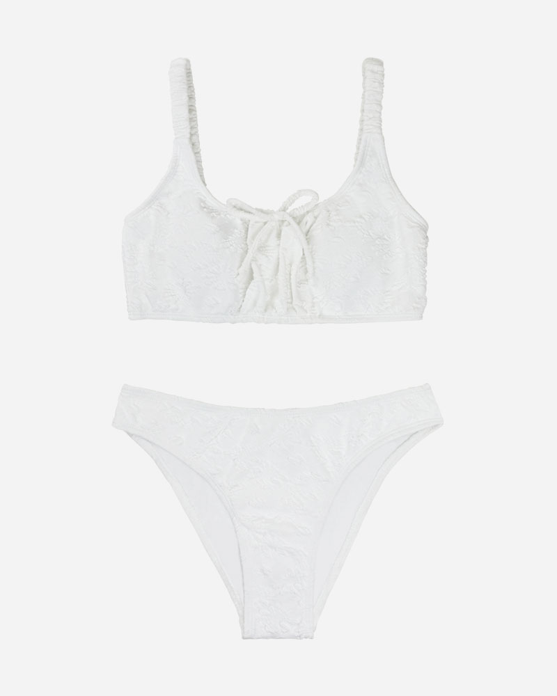 Floral Jacquard Bowknot Bikini Top & Mid Rise Bikini Bottoms Set